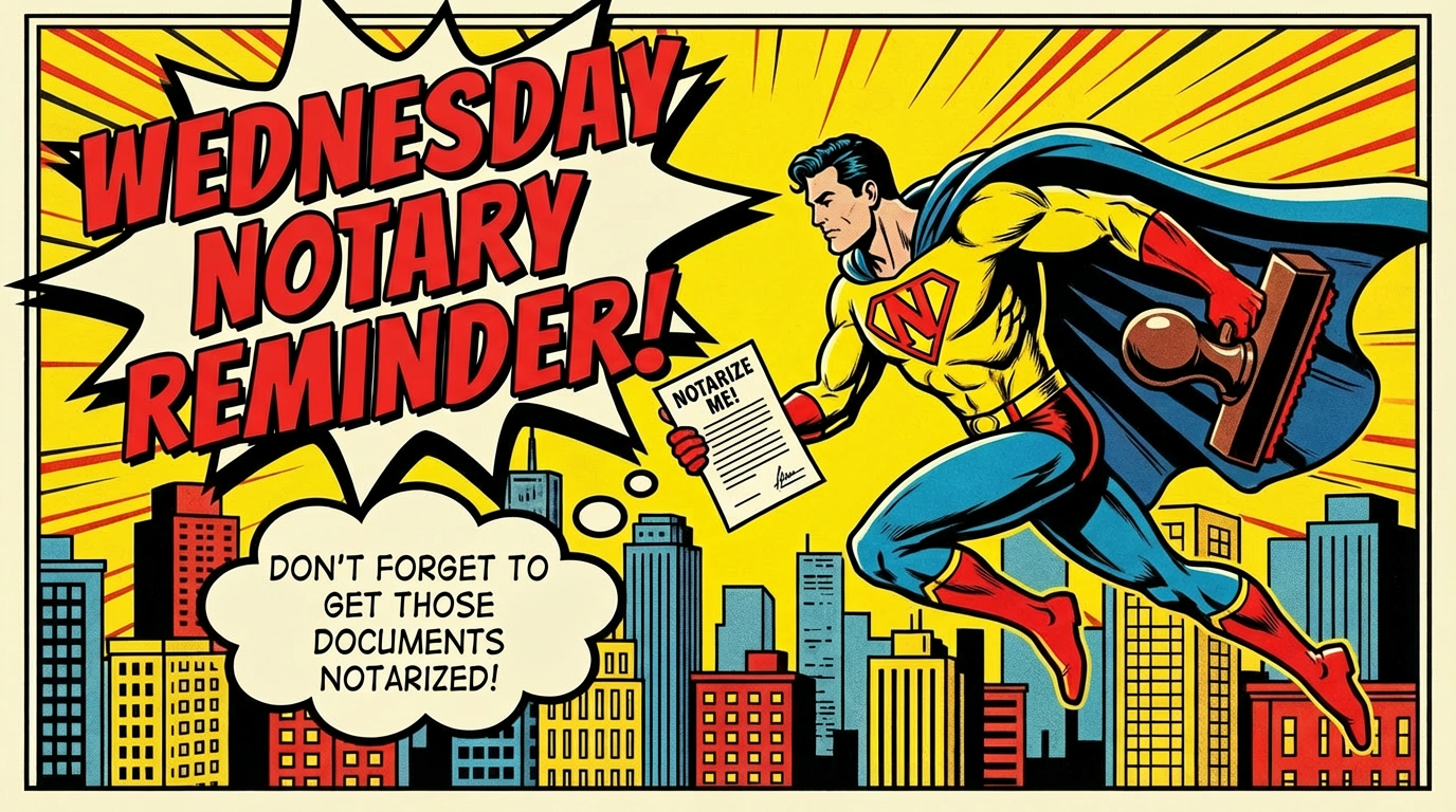 Comic graphic with text: WEDNESDAY NOTARY REMINDER! NOTARIZE ME! DON'T FORGET TO GET THOSE DOCUMENTS NOTARIZED!